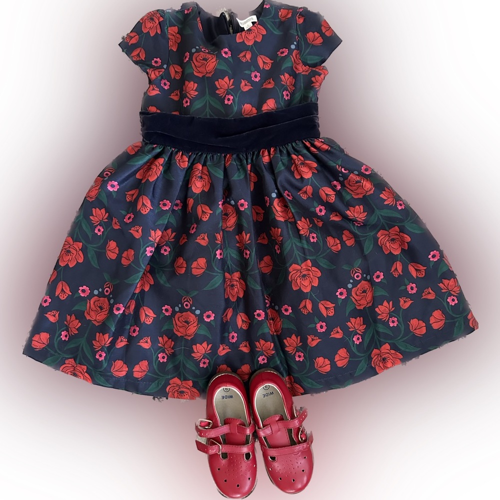 Size 4t gymboree formal dress and size 9wide red shoes. Both work once